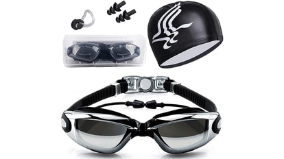 Kit de natación con gafas, gorro y tapones de oído y un estuche