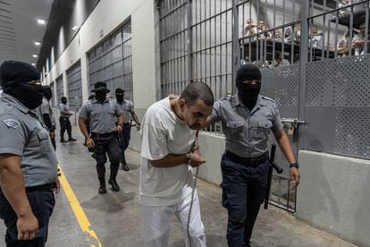Los custodios del Cecot trasladan a un reo a su celda. 