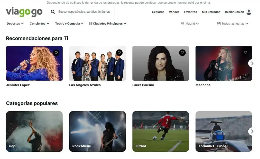 Página principal de Viagogo