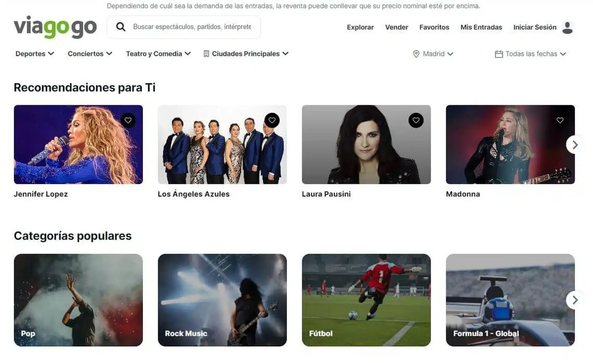 Página principal de Viagogo