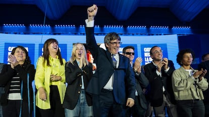 El expresident y candidato de Junts, Carles Puigdemont, participa en un acto al inicio de la campaña en Argelès-sur-Mer.