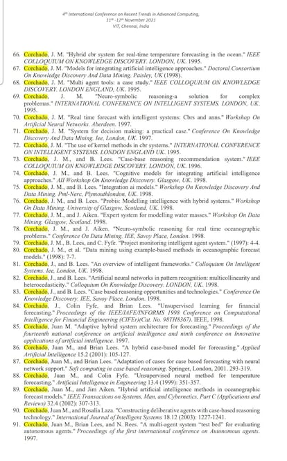 Fragmento de una presentación de Juan Manuel Corchado en una conferencia en Chennai (India), en la que se citó a sí mismo 200 veces.