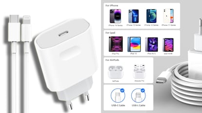 Este modelo de cargador de iPhone de carga rápida incluye un cable USB-C a Lightning de dos metros de longitud.