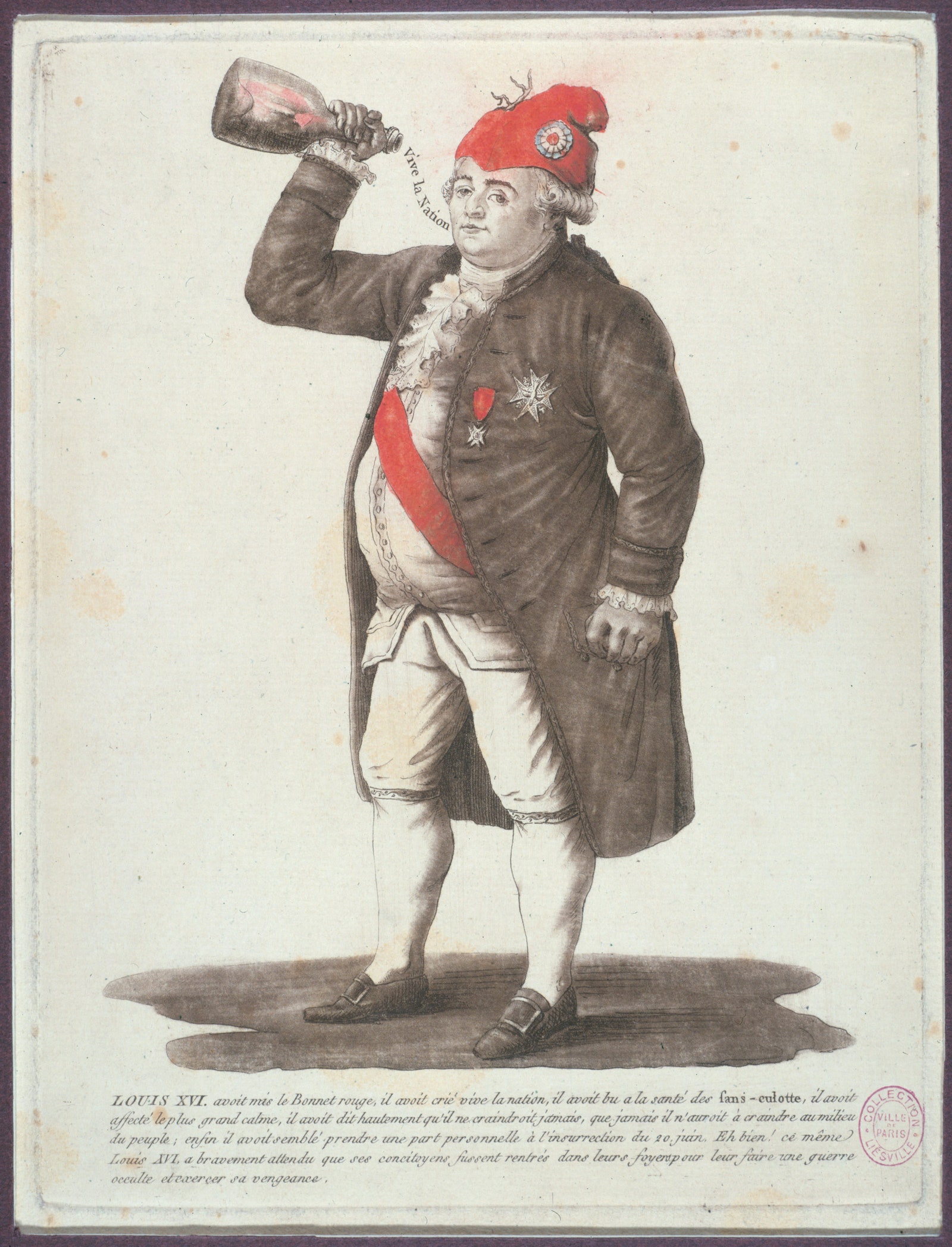 Caricatura de Luis XVI con un gorro frigio.
