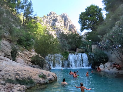 Un grupo de personas disfruta de un baño en Les Fonts de l'Agar, en la localidad de Callosa d'en Sarrià, en Alicante.