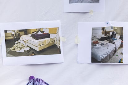 Algunas de las imágenes de suciedad y desorden que encuentran las camareras de piso en hoteles de Barcelona y la costa catalana, expuestas durante la protesta de Las Kellys este domingo.