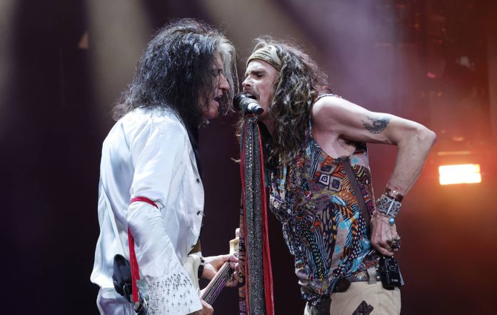 Joe Perry and Steven Tyler of Aerosmith perform at UBS Arena on September 09, 2023 in Elmont, New York. (Photo by Kevin Mazur/Getty Images)