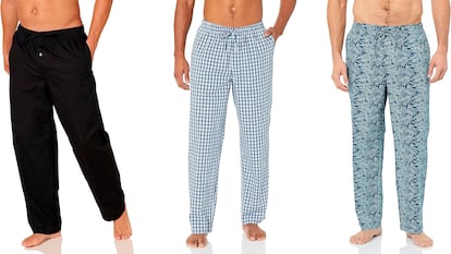 3 hombres posando con pantalones de pijama de diferentes patrones