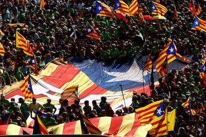 Banderas independentistas son portadas por los manifestantes en la Diada de Barcelona.