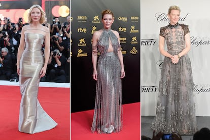 Metalizados y encajes son una constante en sus estilismos de alfombra roja. De izquierda a derecha, en el Festival de Venecia el pasado agosto; durante su premio en los Goya en 2022 y en el Festival de Cannes en 2015.