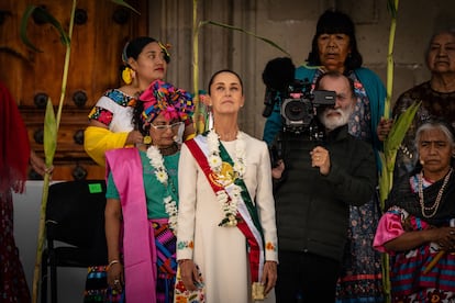 Claudia Sheinbaum Pardo durante la ceremonia de entrega del bastón de mando, este martes en el Zócalo capitalino.