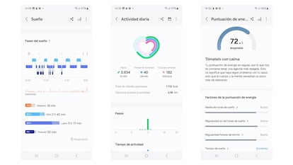 Datos del sueño, la actividad diaria y la puntuación de energía monitorizados por el anillo de Samsung.