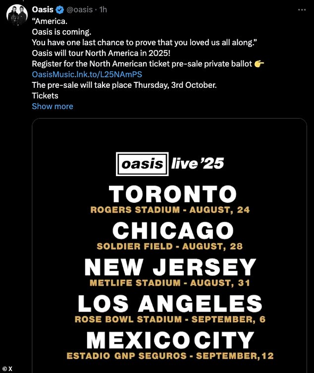 OASIS ANUNCIAN SUS CONCIERTOS NORTEAMERICANOS