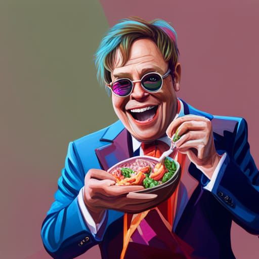 Elton John laughing eating salad - AI Generated Artwork - NightCafe Creator