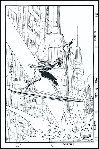 Ilustración original de Estela Plateada para 'Marvel Age 71' de Jean ‘Moebius’ Giraud en 1988. Se puede ver en la exposición ‘Marvel: Universe of Super Heroes’.