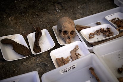 Detalle de suelas de zapatos y restos oseos de uno de los diez cuerpos encontrados maniatados en la fosa CE017 del Barranco de Viznar, Granada, donde fue asesinado García Lorca en 1936.