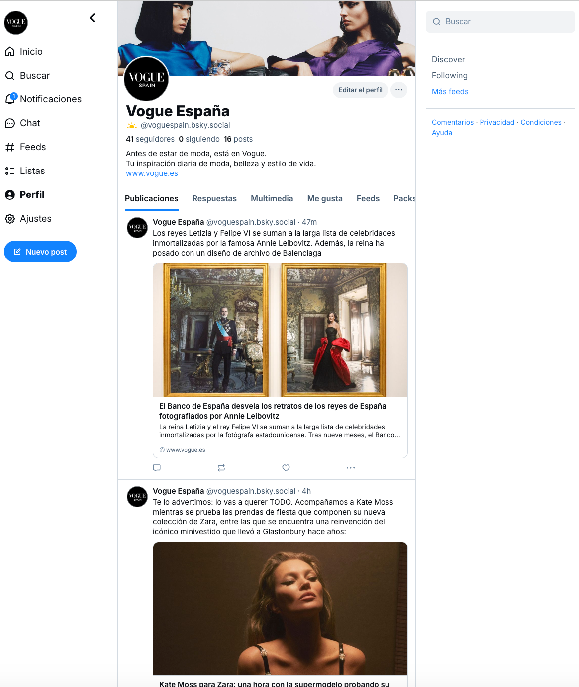 La cuenta de Bluesky de Vogue España