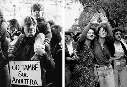 A la izquierda, manifestación de apoyo a una mujer condenada por adulterio en Barcelona, en 1976. A la derecha, manifestación feminista en la Rambla de Cataluña, en Barcelona, en 1977. 
