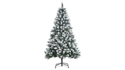 Árbol de Navidad con piñas y efecto nevado.