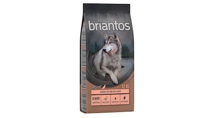 Pienso para perros senior Briantos que contiene pavo y patatas.