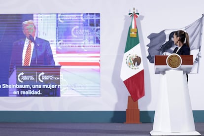 La presidenta de México, Claudia Sheinbaum durante la rueda de prensa de este lunes en el Palacio Nacional de la Ciudad de México. 