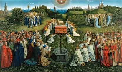 El maravilloso realismo de Jan van Eyck a la hora de representar los árboles y otras plantas.