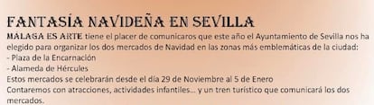 Publicación en Facebook de la organización de los mercadillos navideños en Sevilla.