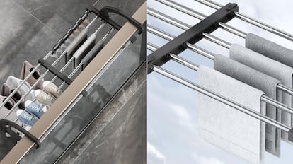 Tendedero retráctil para colocar en el balcón equipado con seis varillas de acero inoxidable.