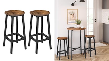 Taburetes con asiento en marrón rústico y cuerpo metalizado