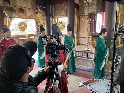Rodaje de una escena de una microserie de época en Hengdian el miércoles 15 de enero.