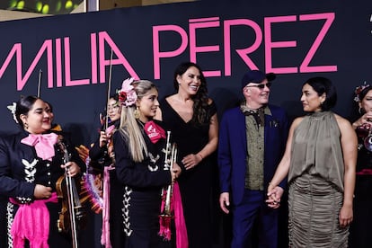 El equipo de 'Emilia Pérez' en la promoción el pasado 15 de enero en Ciudad de México.