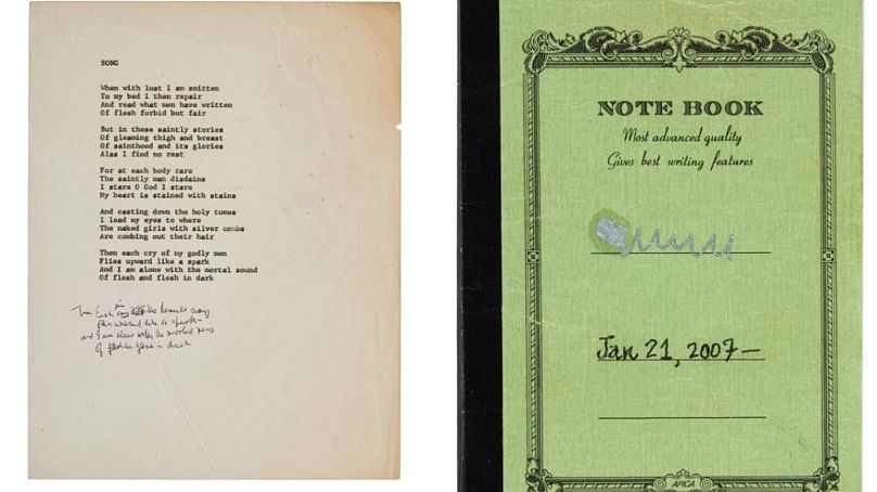 Typewritten lyrics and Cohen's notebook