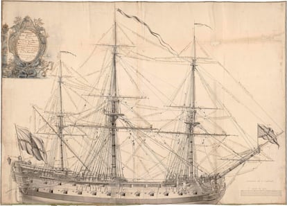 Dibujo de una fragata de 52 cañones, realizado por el Marqués de la Victoria, en una imagen cedida por el Archivo Histórico de la Armada.
