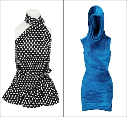 A la izquierda, el vestido negro de lunares, de la firma Blondita, que Carpenter luce en el videoclip 'Taste'. A la derecha, el minivestido de terciopelo azul con capucha de Alaïa de una escena de 'Please, Please, Please'.
