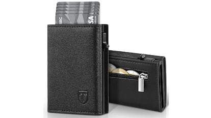 ofertas amazon: cartera confeccionada en cuero de microfibra empaquetada en una caja de regalo.