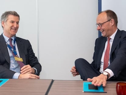 El líder del PP, Alberto Núñez Feijóo, y el futuro canciller alemán, Friedrich Merz (CDU), en la cumbre del Partido Popular Europeo el día 6 en Bruselas. La imagen fue difundida por el PP.