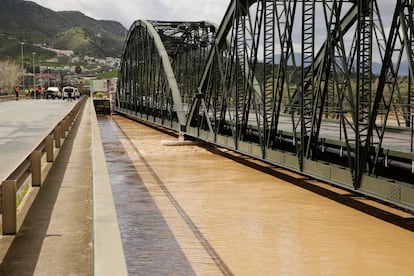 Crecida del río Guadalhorce a su paso por el Puente de Hierro en Cártama en Málaga, este martes. 