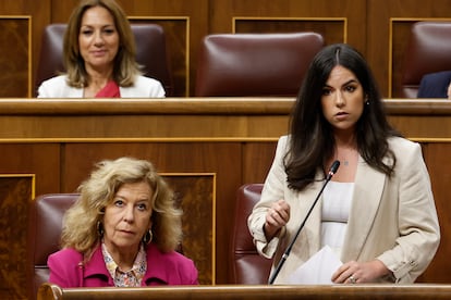 La portavoz parlamentaria de Vox, Pepa Millán, durante su intervención en la sesión de control al Gobierno este miércoles.