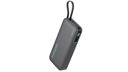 bateria externa con cable para sujetarla y panel led digital.