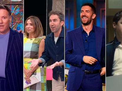 De izquierda a derecha, Carlos Latre, presentador de 'Babylon Show', María Patiño y Aitor Albizua, presentadores de 'La familia de la Tele', David Broncano, presentador de 'La Revuelta' y Owen Cooper, protagonista de la serie 'Adolescencia'.