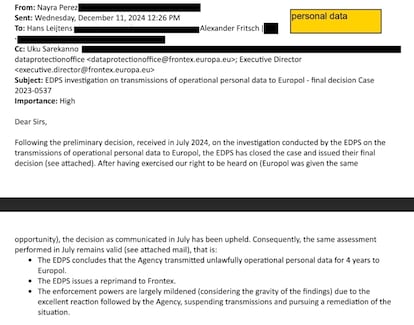 Extracto de un correo electrónico enviado desde la Oficina de Protección de Datos de Frontex al director general de esta agencia, Hans Leijtens, informando de que el Supervisor Europeo de Protección de Datos (SEPD) concluye que Frontex “transmitió ilegalmente datos personales operativos durante cuatro años a Europol” y “emite una reprimenda a Frontex”.