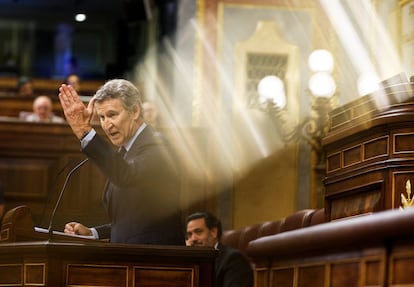 El líder del PP, Alberto Núñez Feijóo, interviene en el pleno en la Cámara baja este miércoles.
