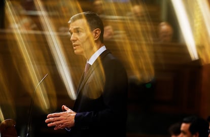 El presidente del Gobierno, Pedro Sánchez, durante su comparecencia este miércoles en el pleno del Congreso. 