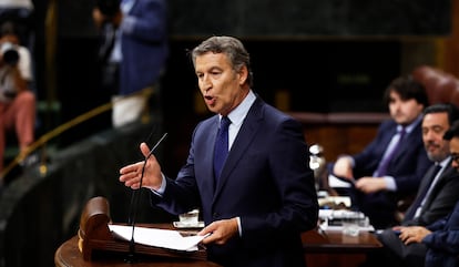 Alberto Núlez Feijóo, presidente del Partido Popular, durante su intervención en el pleno del Congreso.