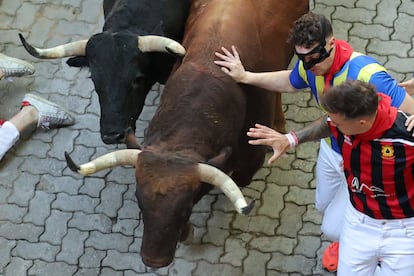Varios mozos corren junto a dos de los toros de la ganadería Victoriano del Río, este jueves. 
