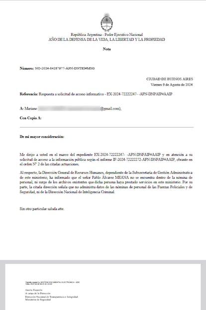 Documento sobre la labor de Álvarez Meana en Argentina al que ha tenido acceso EL PAÍS