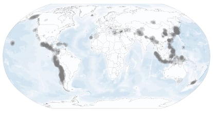 Map‬‭a de todas las detecciones de terremotos realizadas por el sistema de alerta temprana de Android, desde el 1/4/2021 al 31/3/2024.