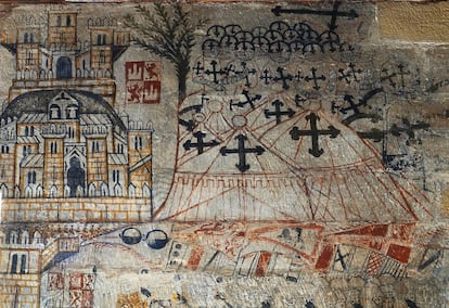 Pinturas murales del castillo de Alcañíz (Teruel) que representan un campamento de caballeros de la Orden de Calatrava.