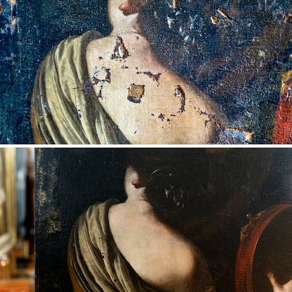 Composición fotográfica con el antes (arriba) y el después (abajo) de la restauración del cuadro 'Hércules y Onfalia', de Artemisia Gentileschi, restaurado por el Getty Center de Los Ángeles, California.
