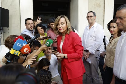 Pilar Alegría, el sábado en la sede del partido en la calle Ferraz de Madrid.